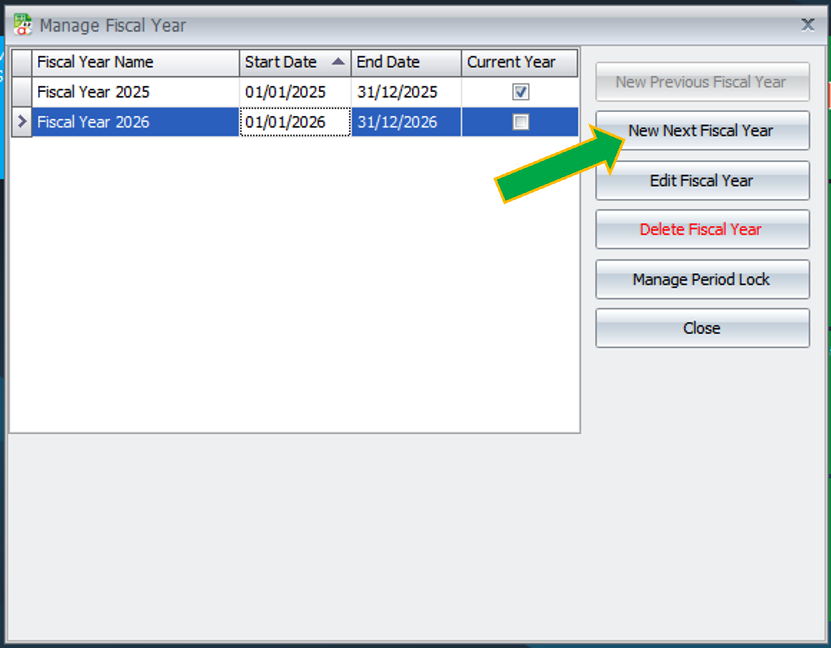 AutoCount Manage Fiscal Year Settings
