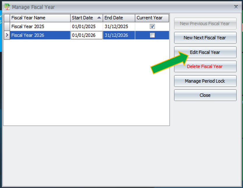 AutoCount Manage Fiscal Year Settings