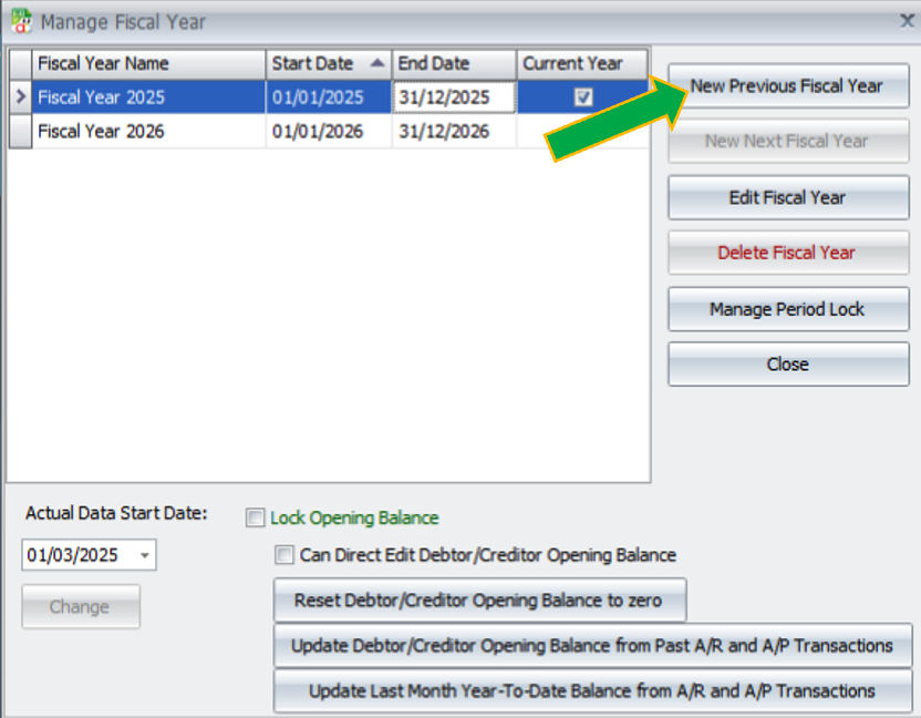 AutoCount Manage Fiscal Year Settings